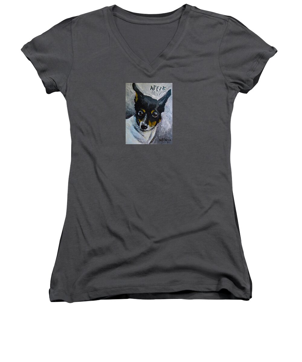 Dog Women's V-Neck featuring the painting Affie by Jeanette Jarmon