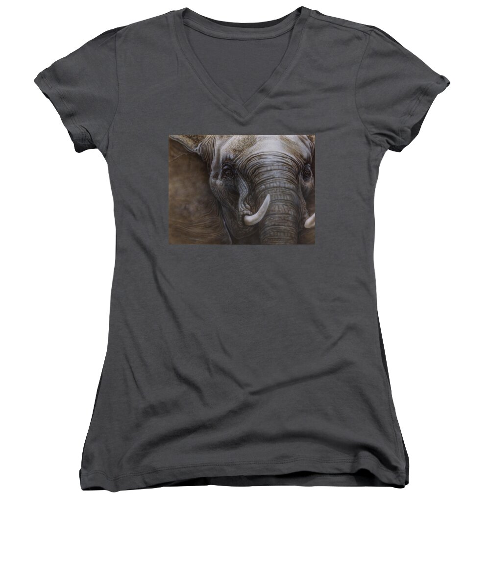 North Dakota Artist Women's V-Neck featuring the painting African Elephant by Wayne Pruse