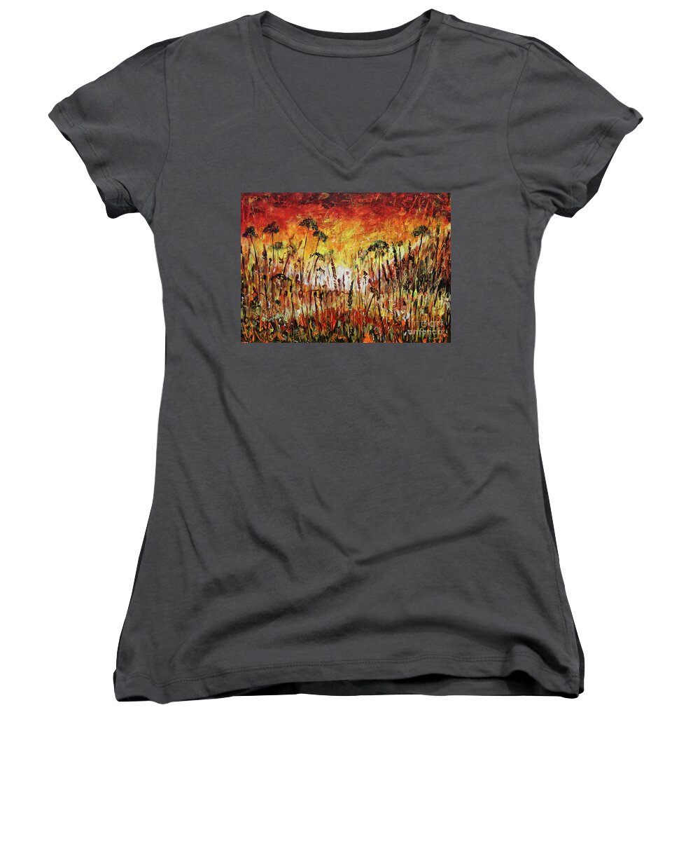 African Women's V-Neck featuring the painting African Nights by Dariusz Orszulik