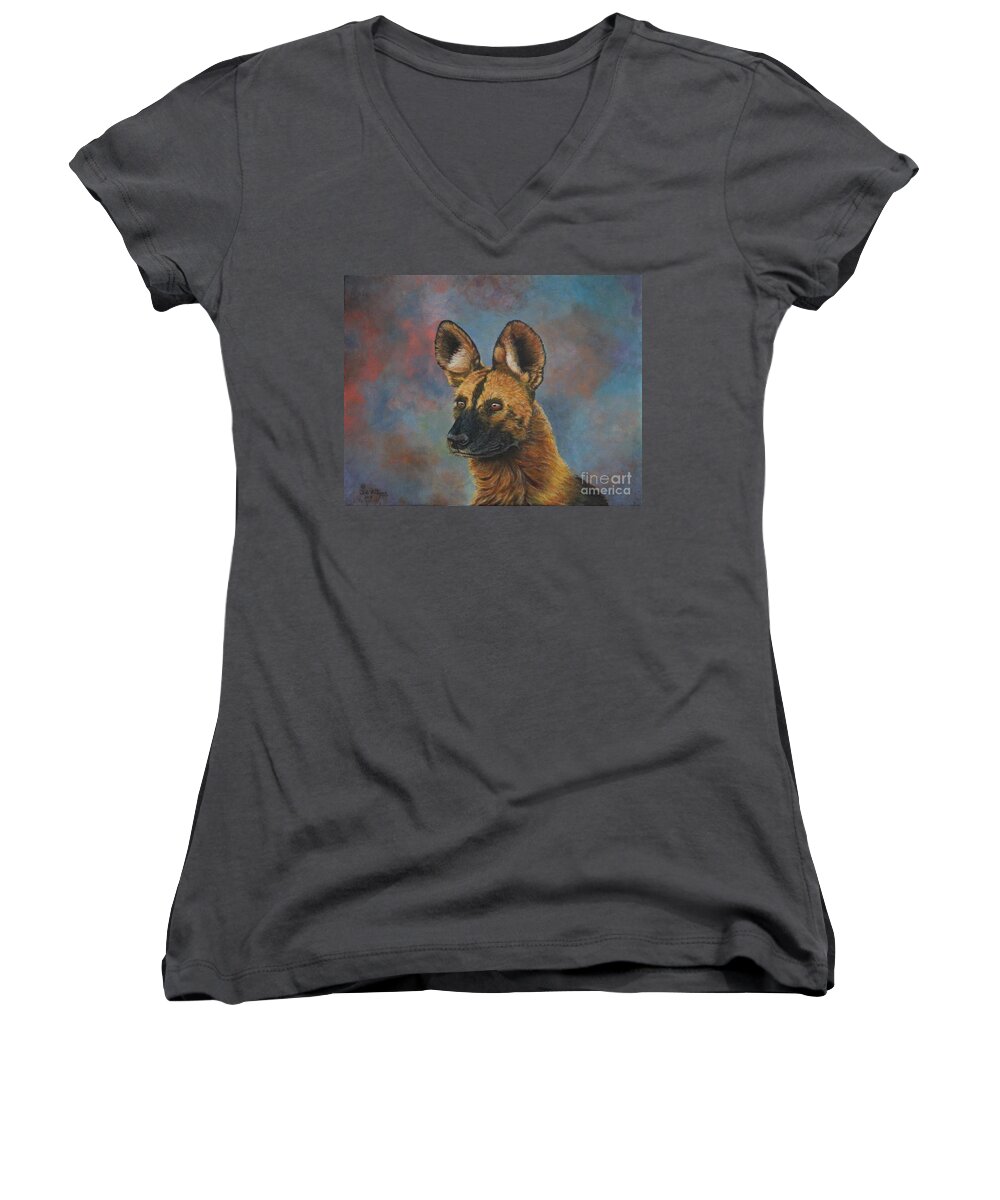 Dog Women's V-Neck featuring the painting African Painted Wild Dog by Bob Williams