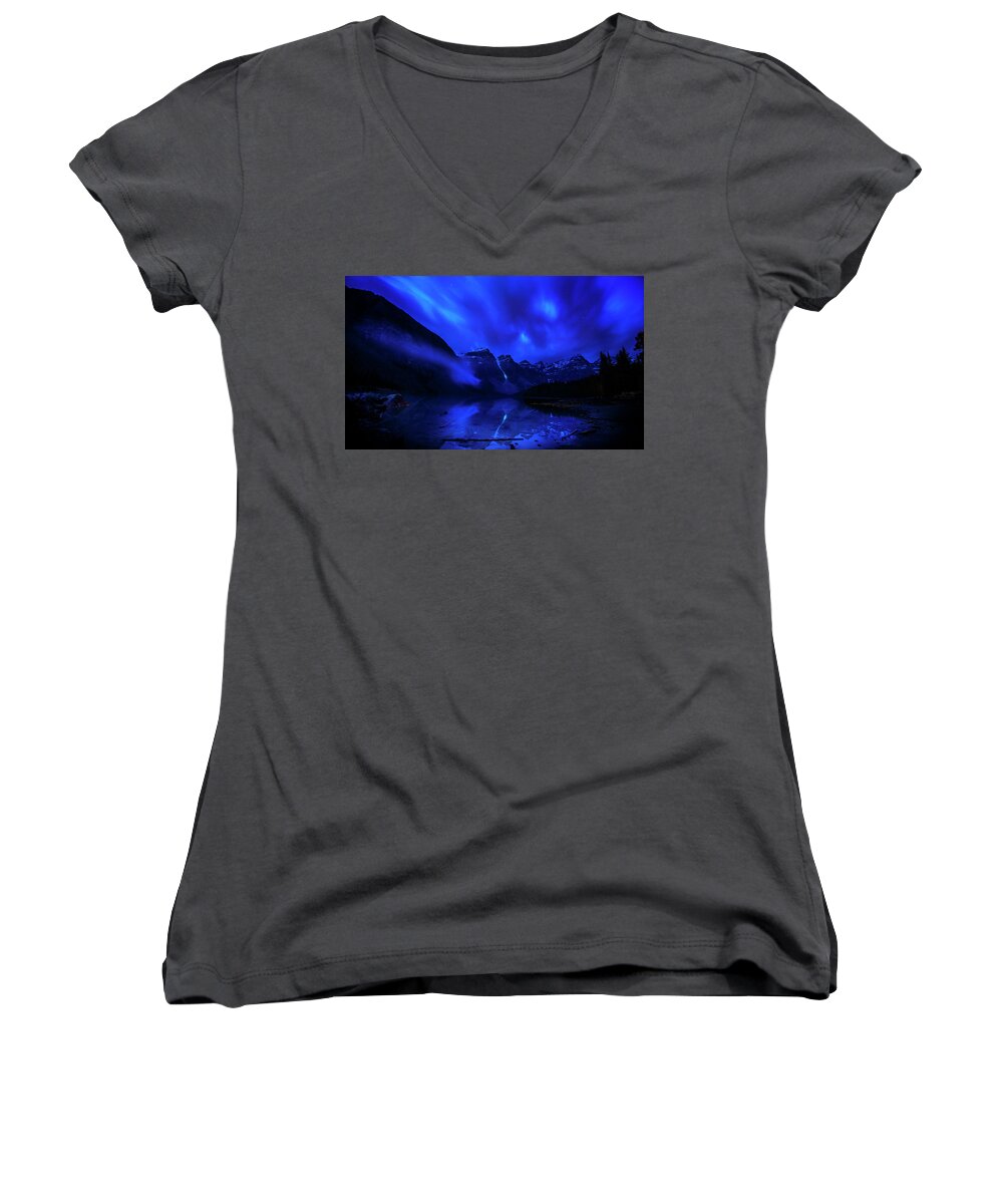 Moraine Lake Women's V-Neck featuring the photograph After Midnight by John Poon