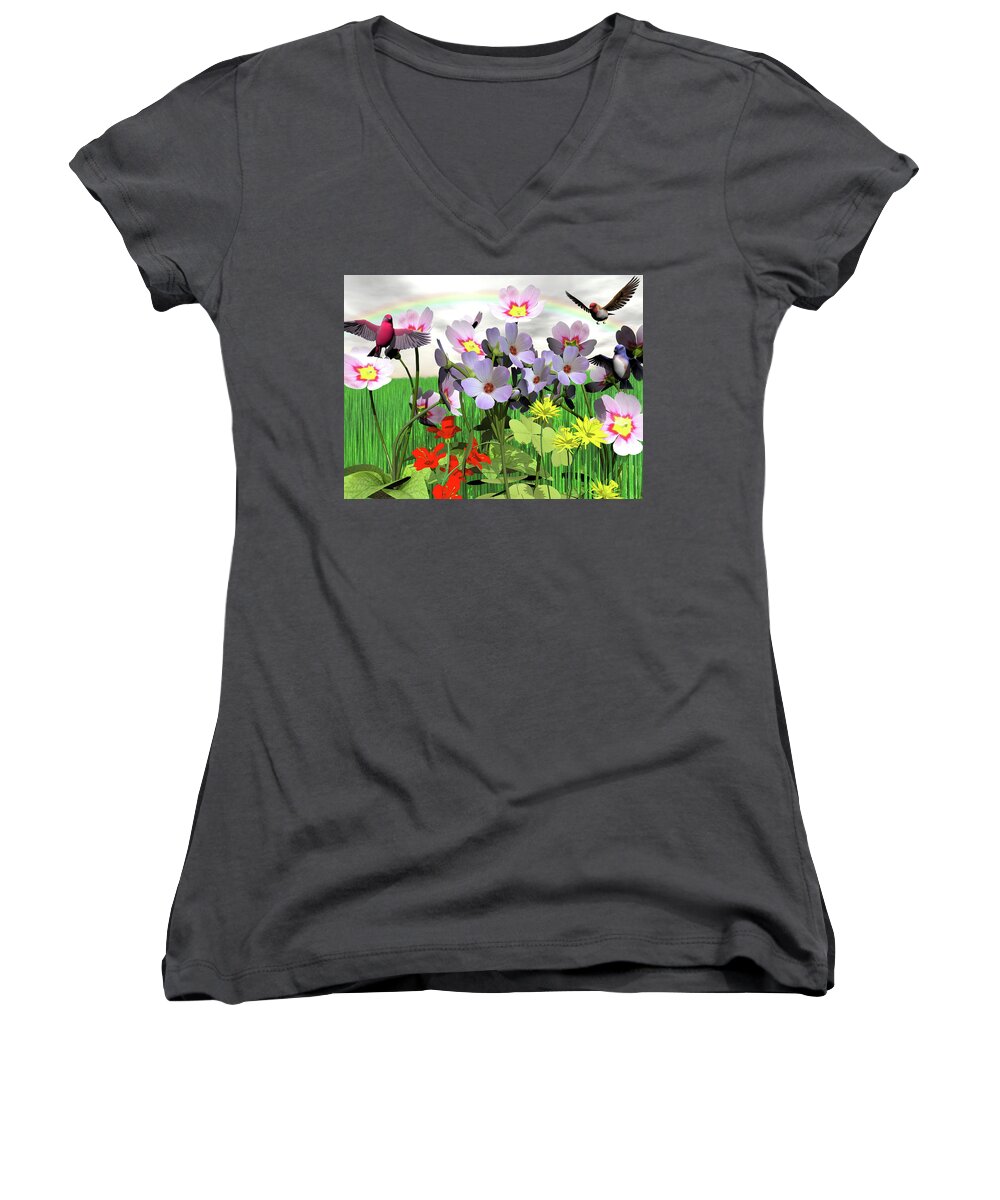 Flowers Women's V-Neck featuring the digital art After the Rain Comes the Rainbow by Michele Wilson