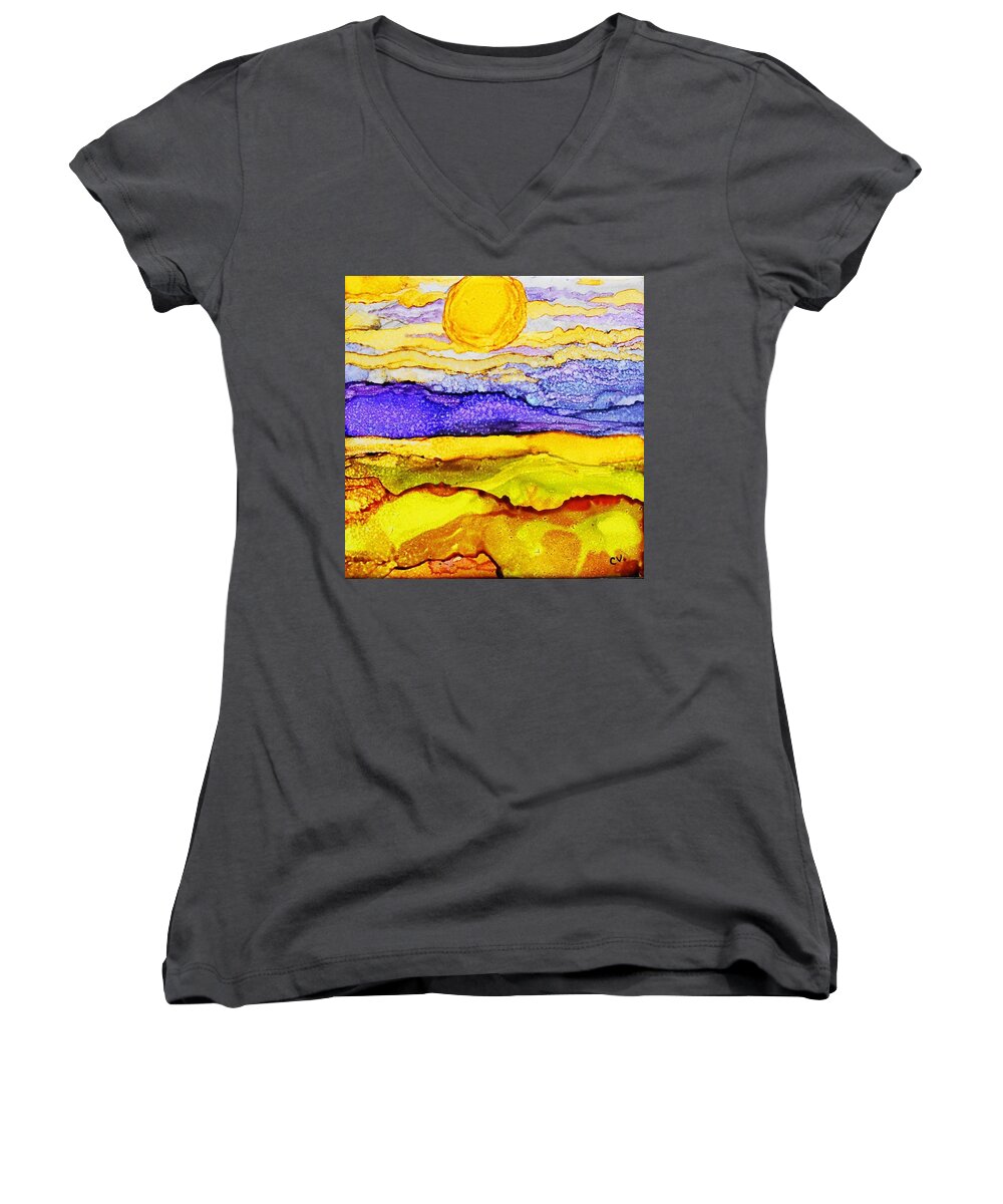 Alcohol Ink Women's V-Neck featuring the painting Golden Fields - A 242 by Catherine Van Der Woerd