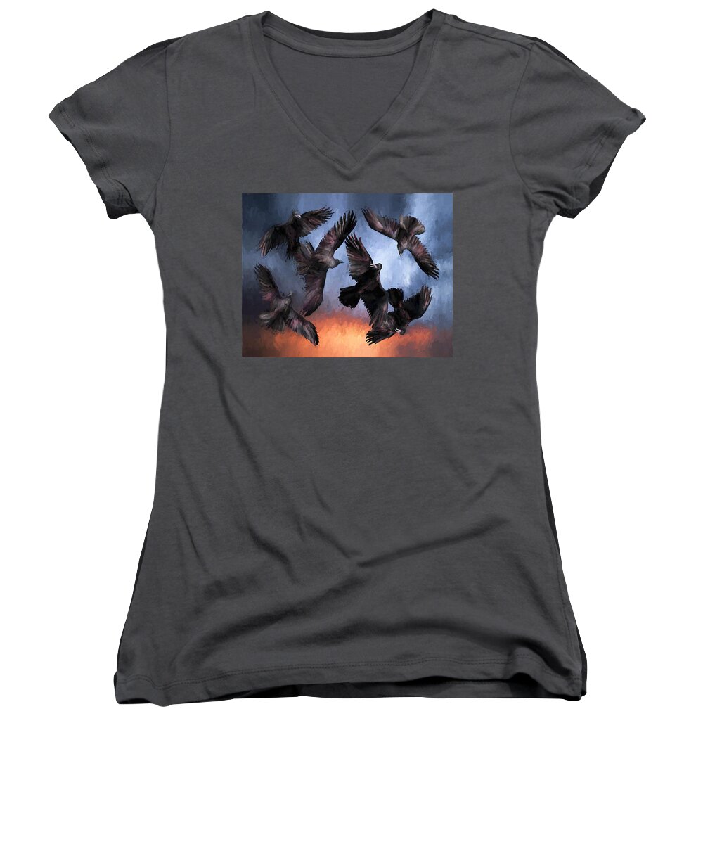 Fine Art Women's V-Neck featuring the painting Airborne Unkindness by David Wagner