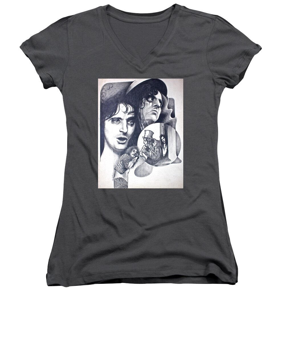 Pencil Drawing Women's V-Neck featuring the drawing Alice Cooper by Cliff Spohn