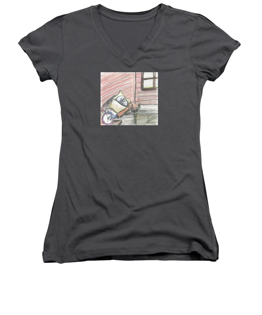 Sleep Women's V-Neck featuring the drawing Alien Keeps Snoozin by Similar Alien