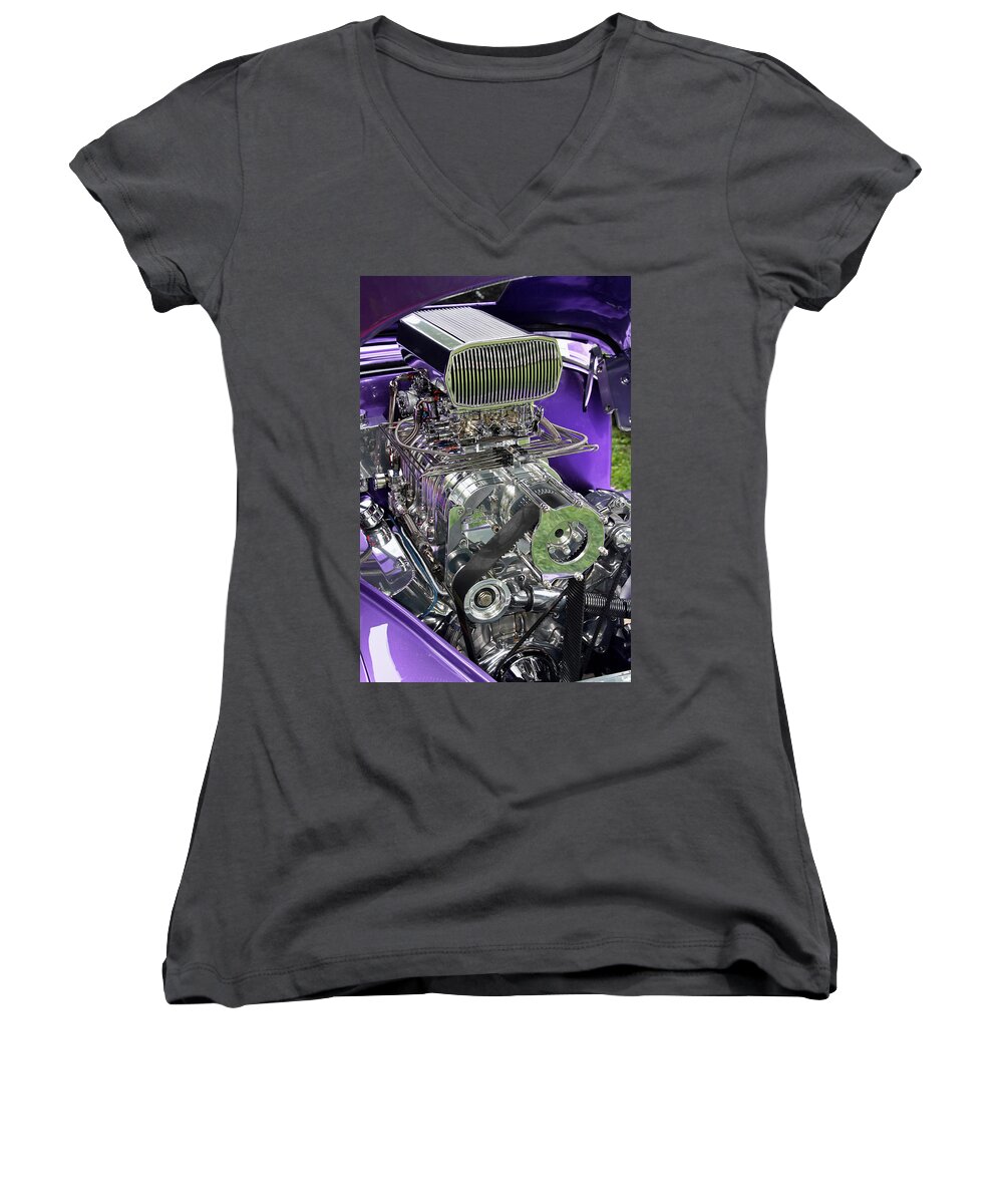Metal Women's V-Neck featuring the photograph All Chromed Engine with Blower by Bob Slitzan