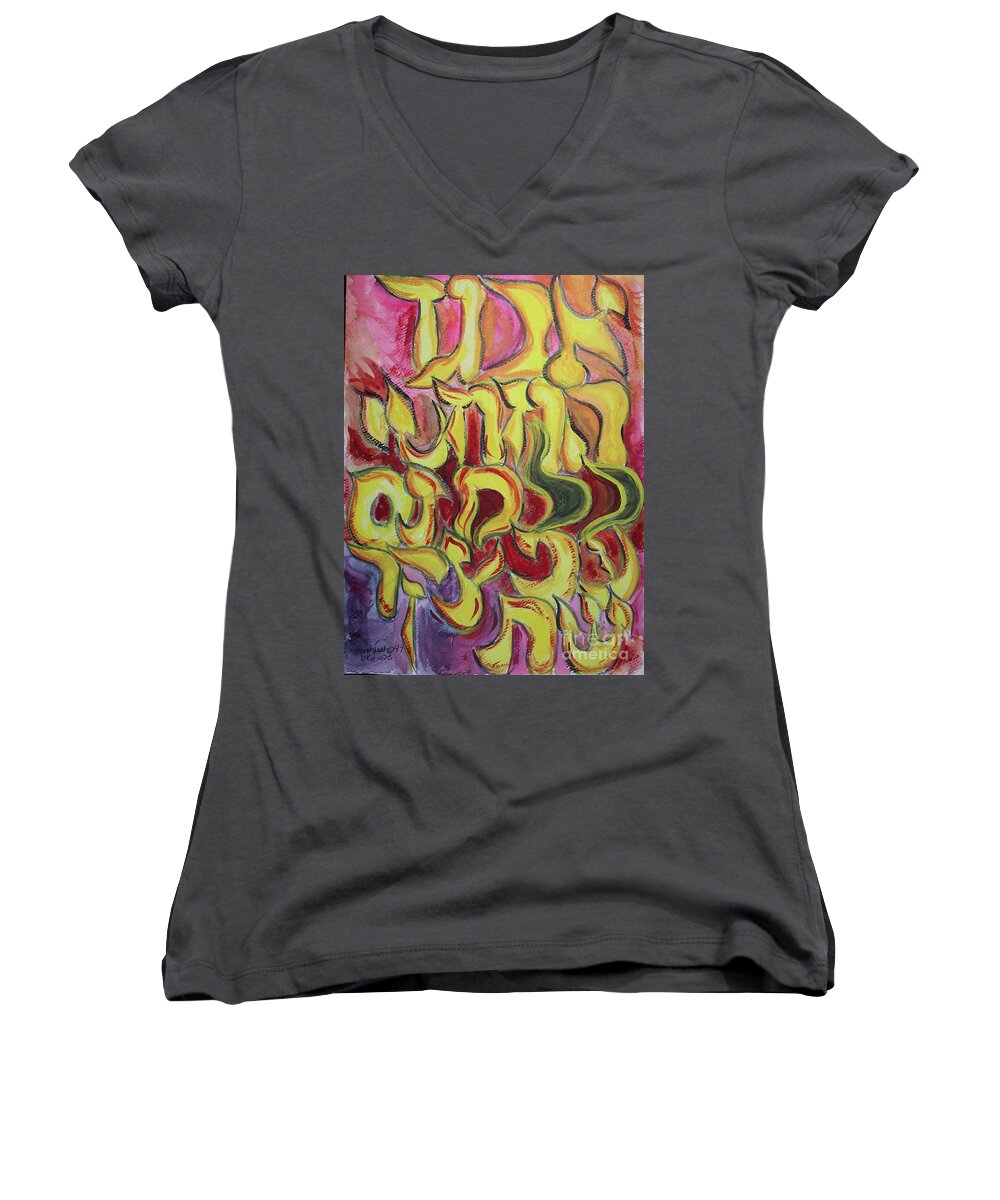 Aleph Women's V-Neck featuring the painting All the Letters ab1 by Hebrewletters SL