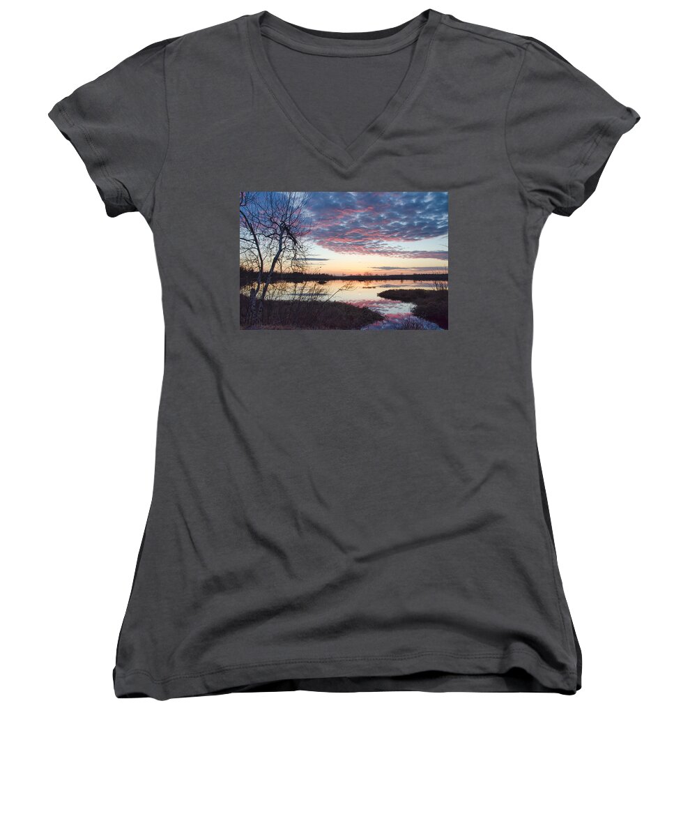 Sunset Women's V-Neck featuring the photograph Almost Spring Sunset by Beth Venner