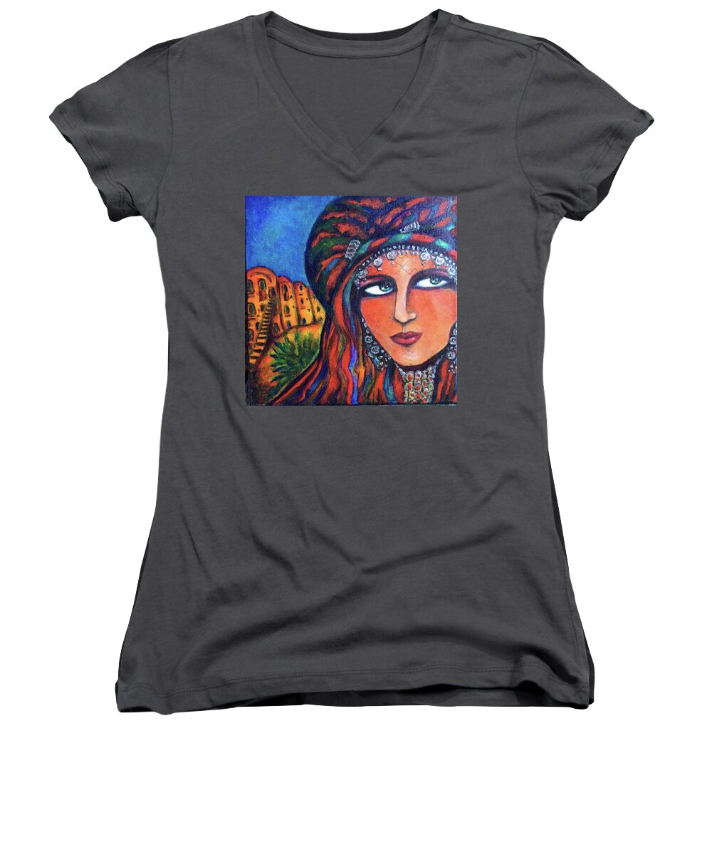 Original Women's V-Neck featuring the painting Amazigh Beauty 2 by Rae Chichilnitsky