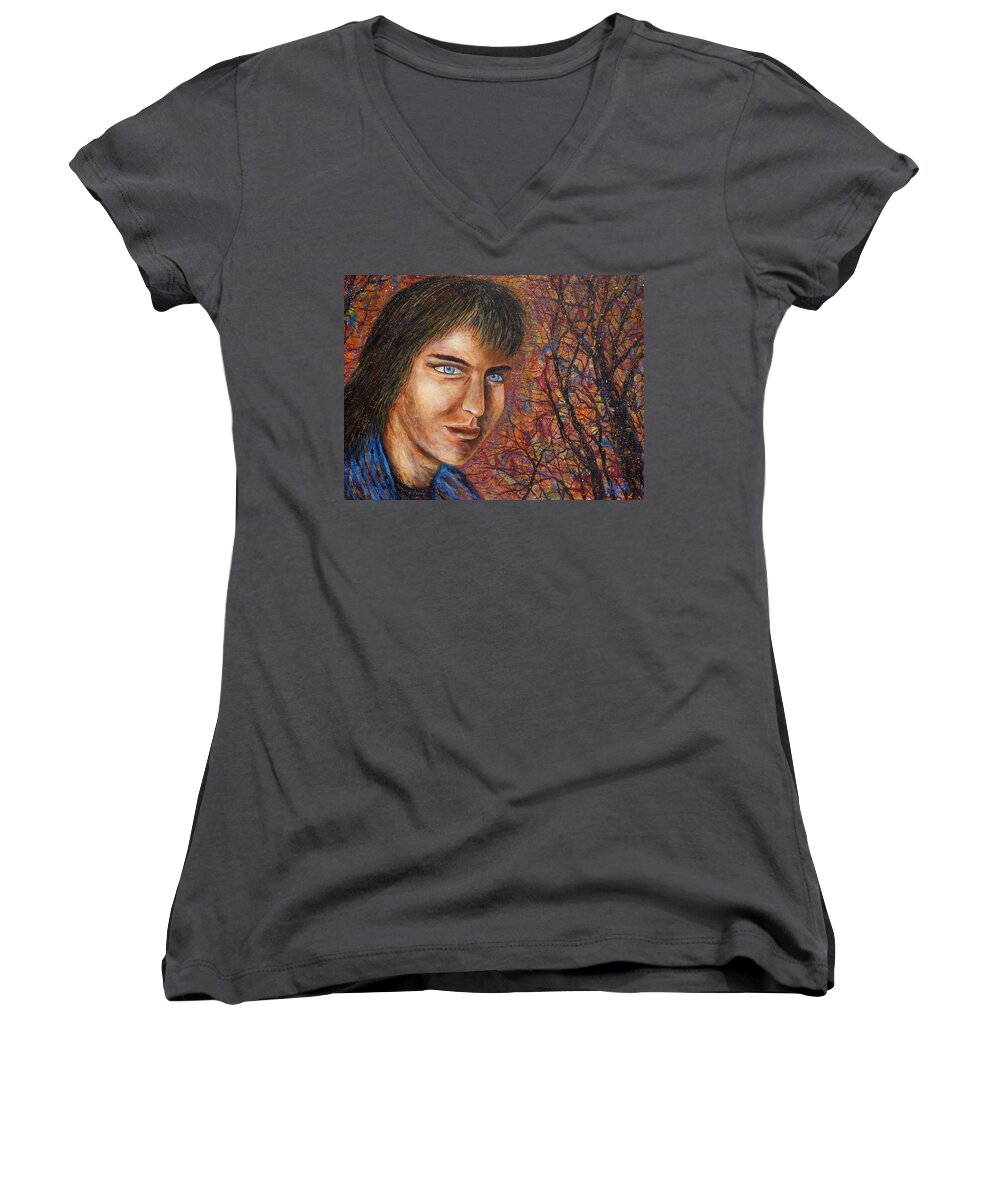 Colorful Autumn Women's V-Neck featuring the painting Amber Glow by Natalie Holland