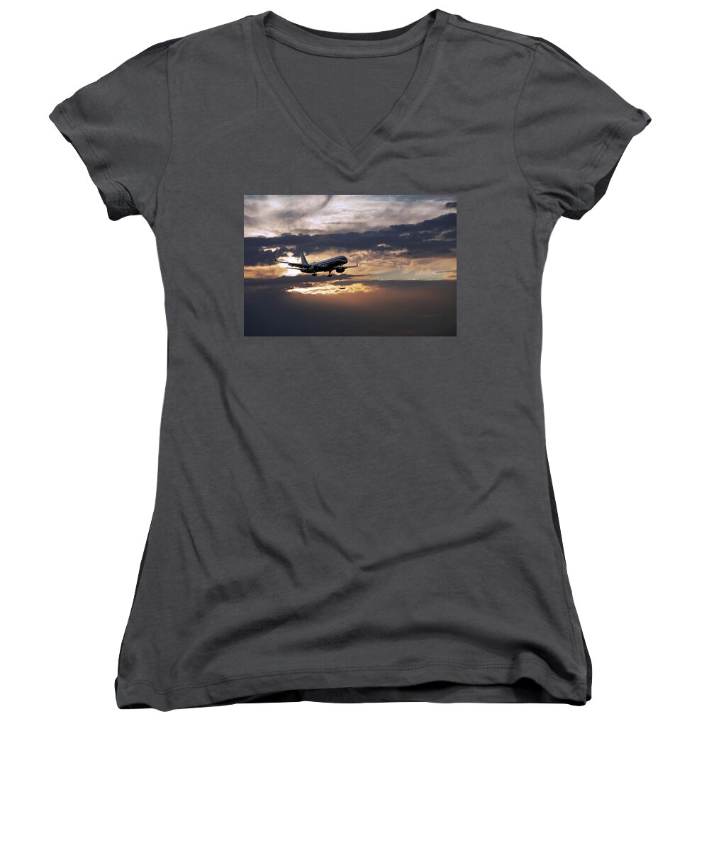 Aa Aircraft Landing Women's V-Neck featuring the photograph American aircraft landing at the twilight. Miami. FL. USA by Juan Carlos Ferro Duque