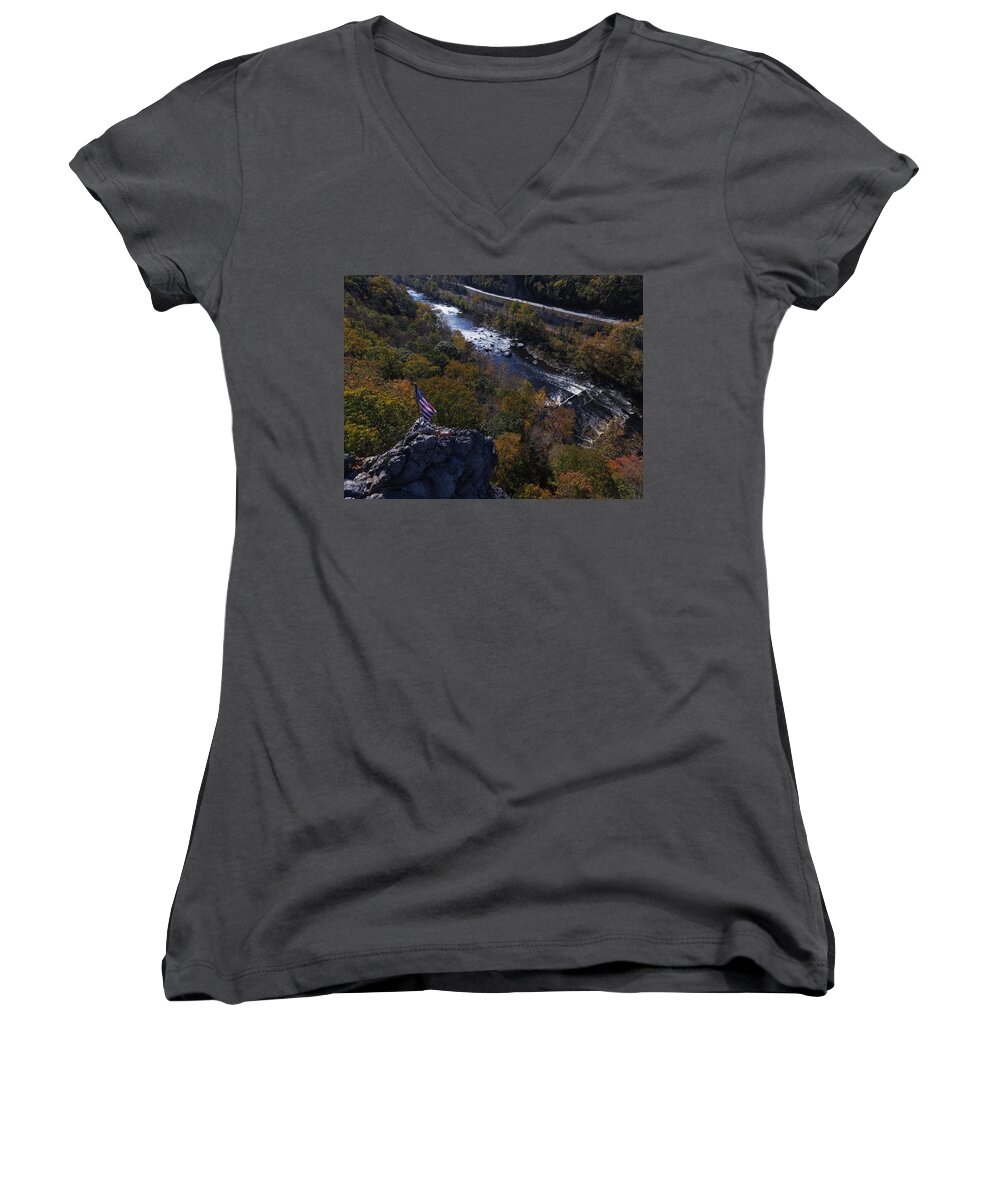 Iron Gate Women's V-Neck featuring the photograph American Flag Flying by Star City SkyCams