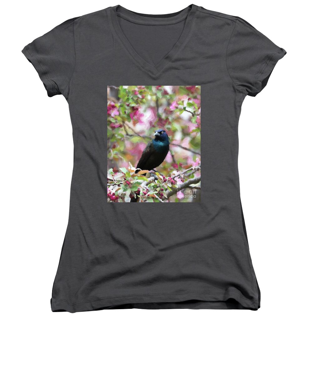 Boat-tailed Grackle Women's V-Neck featuring the digital art Among the Blooms by Betty LaRue