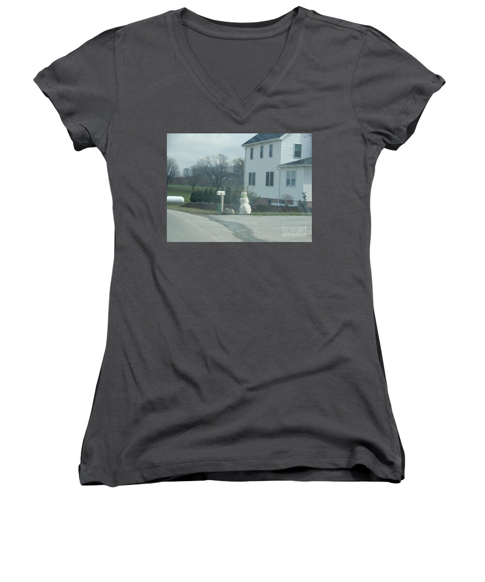 Amish Women's V-Neck featuring the photograph An Amish Snowman by Christine Clark