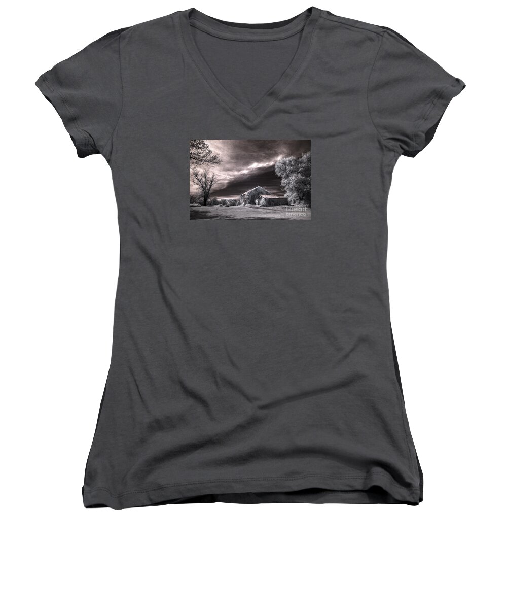 An Ivy Covered Rustic Women's V-Neck featuring the digital art An Ivy Covered Rustic by William Fields