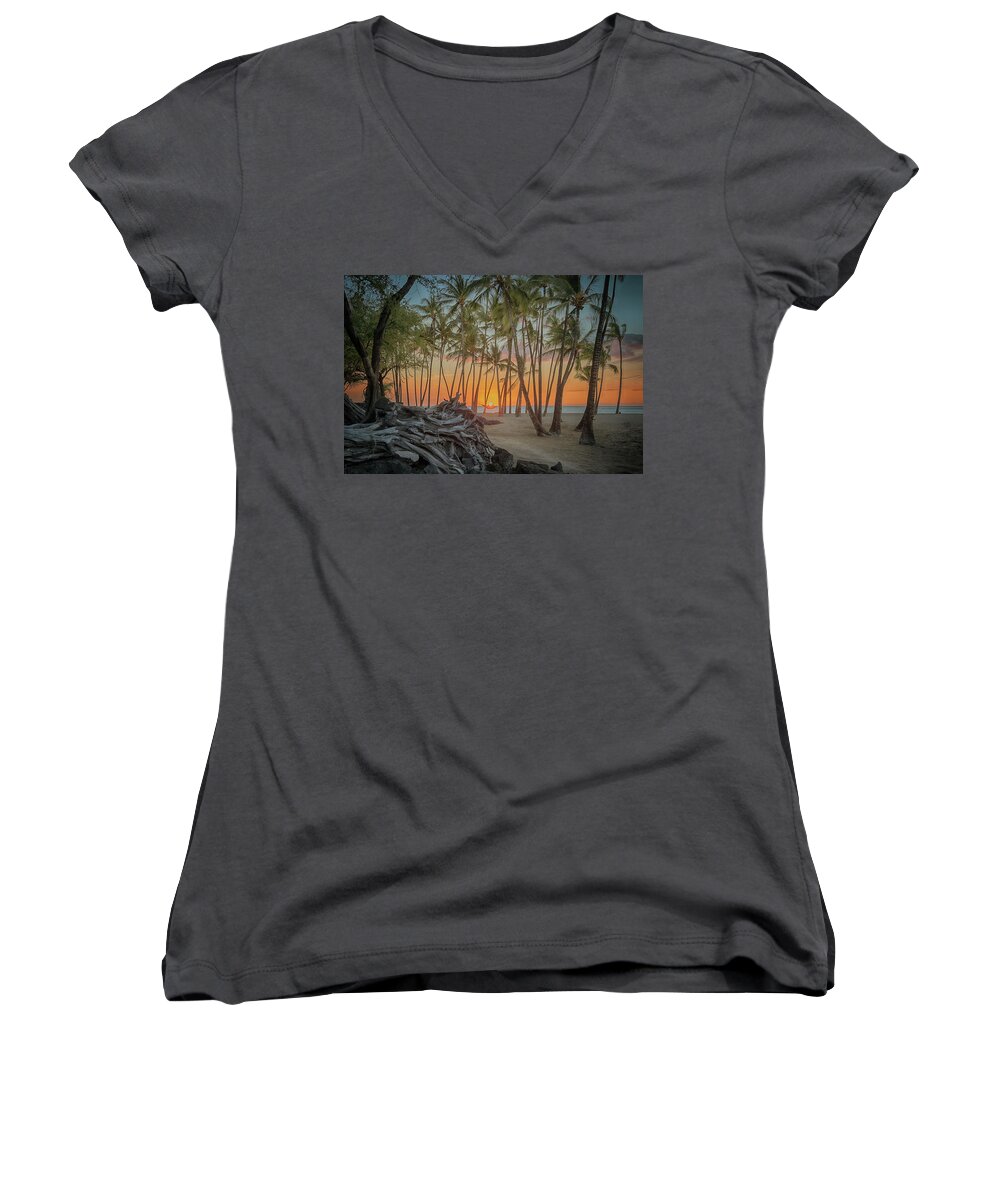 Sunset Women's V-Neck featuring the photograph Anaehoomalu Beach Sunset by Susan Rissi Tregoning