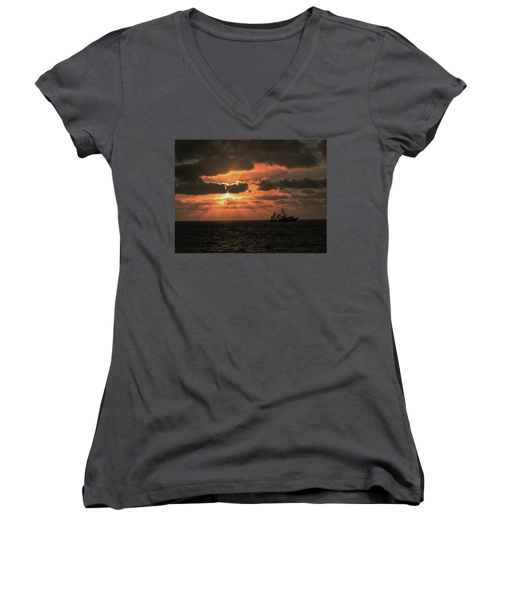 Sunrise Women's V-Neck featuring the photograph Anchored by Jerry Connally