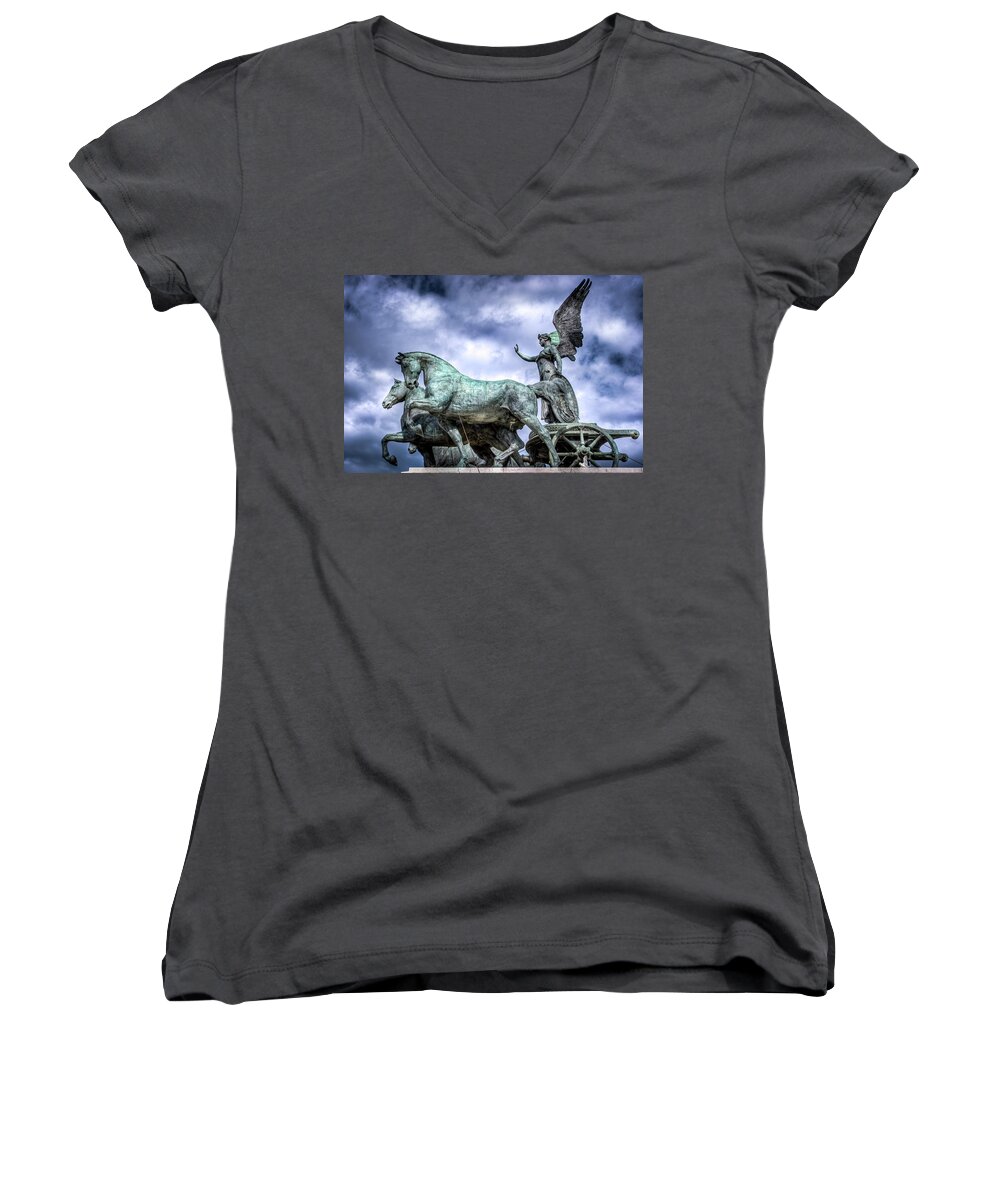 Edited Women's V-Neck featuring the photograph Angel and Chariot with Horses by Sonny Marcyan