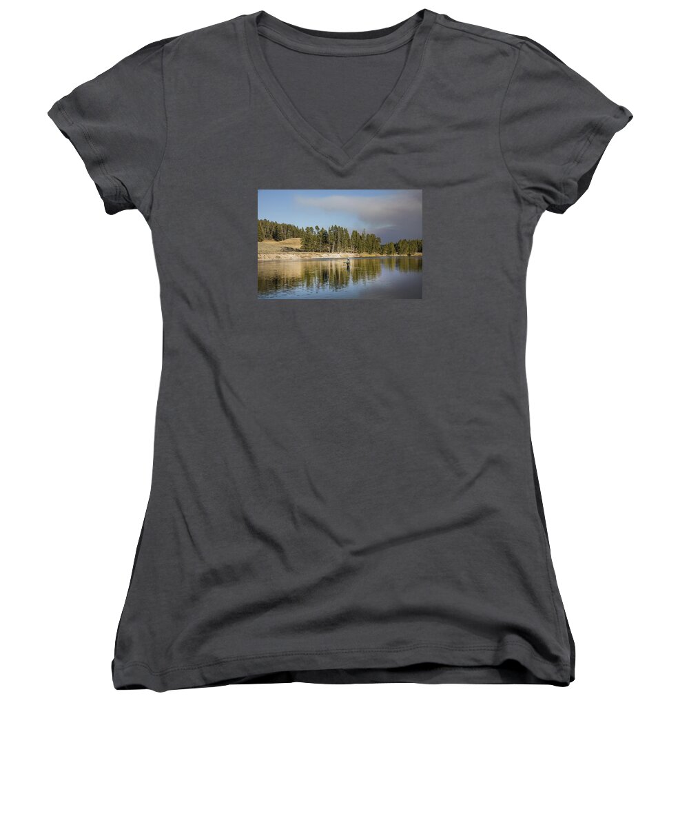 Carol M. Highsmith Women's V-Neck featuring the photograph Angler amidst gorgeous surroundings and a calm river in the Yellowstone in Wyoming by Carol M Highsmith