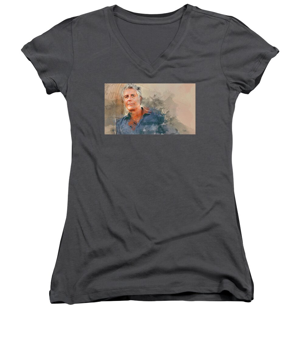 Wright Women's V-Neck featuring the digital art Anthony Bourdain by Paulette B Wright