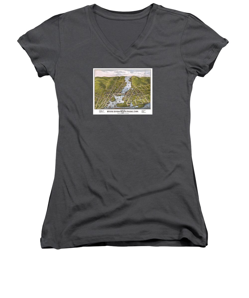Mystic Women's V-Neck featuring the photograph Antique Map of Mystic Connecticut and Draw Bridge by Phil Cardamone