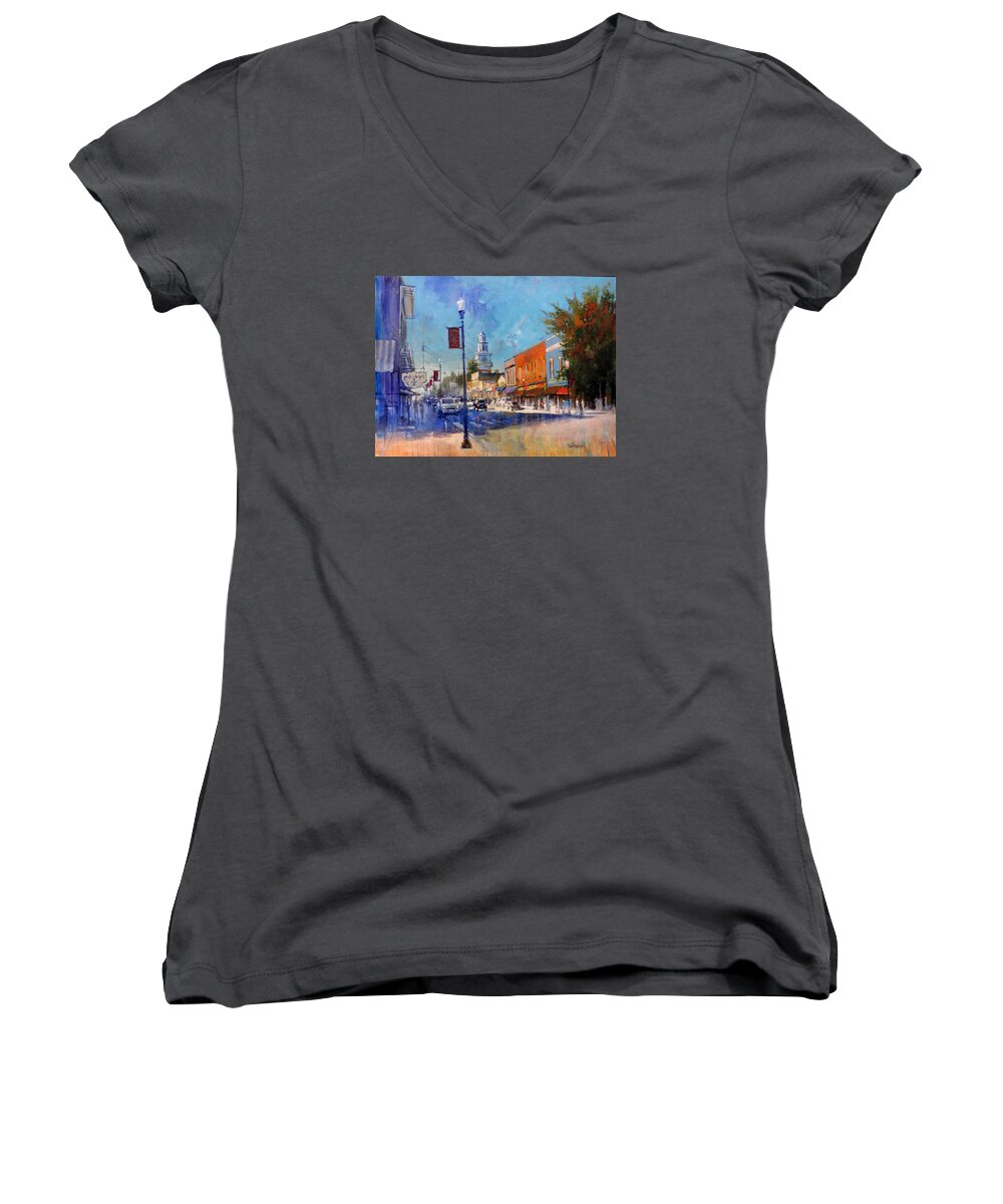 Apex Women's V-Neck featuring the painting Apex Sunday Morning by Dan Nelson