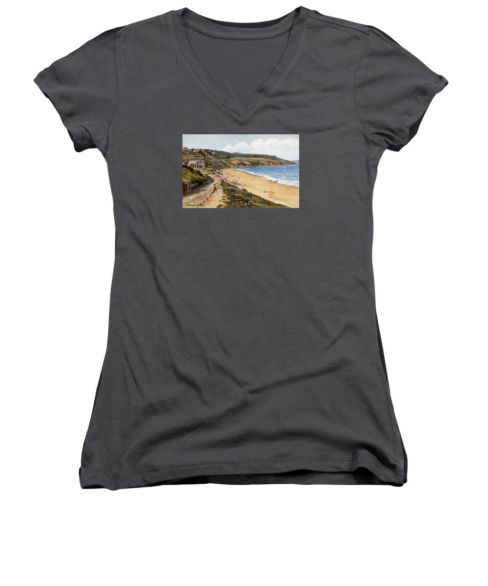 Saint Ives Women's V-Neck featuring the painting Aquarelle St Ives Cornwall Carbis Bay by Heidi De Leeuw