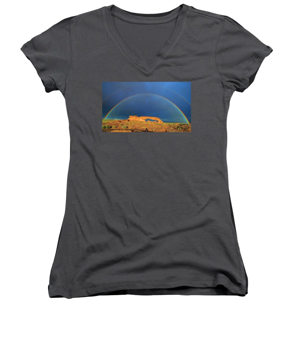 Sunset Women's V-Neck featuring the photograph Arches over the Arch by Ralf Rohner