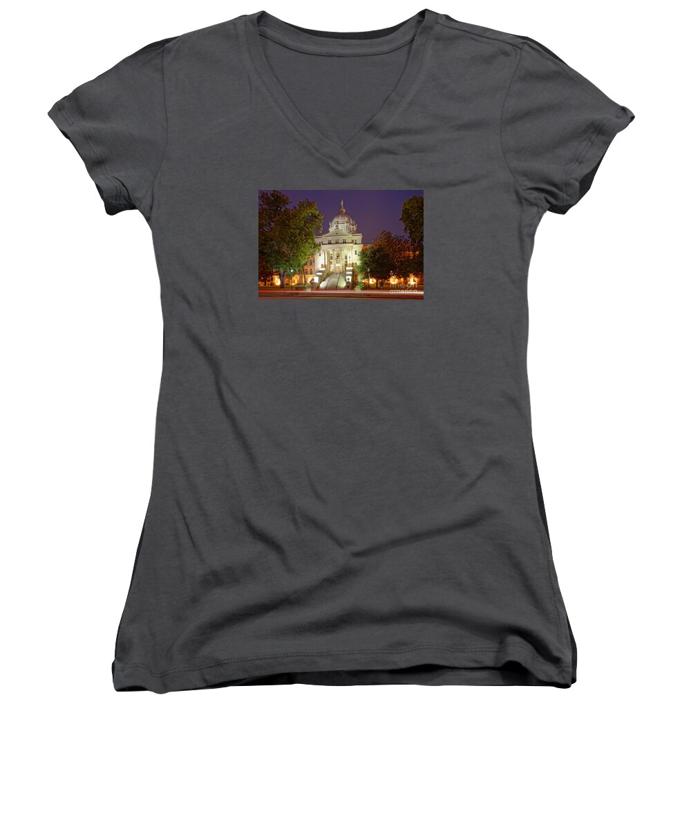 Downtown Women's V-Neck featuring the photograph Architectural Photograph of McLennan County Courthouse at Dawn - Downtown Waco Central Texas by Silvio Ligutti