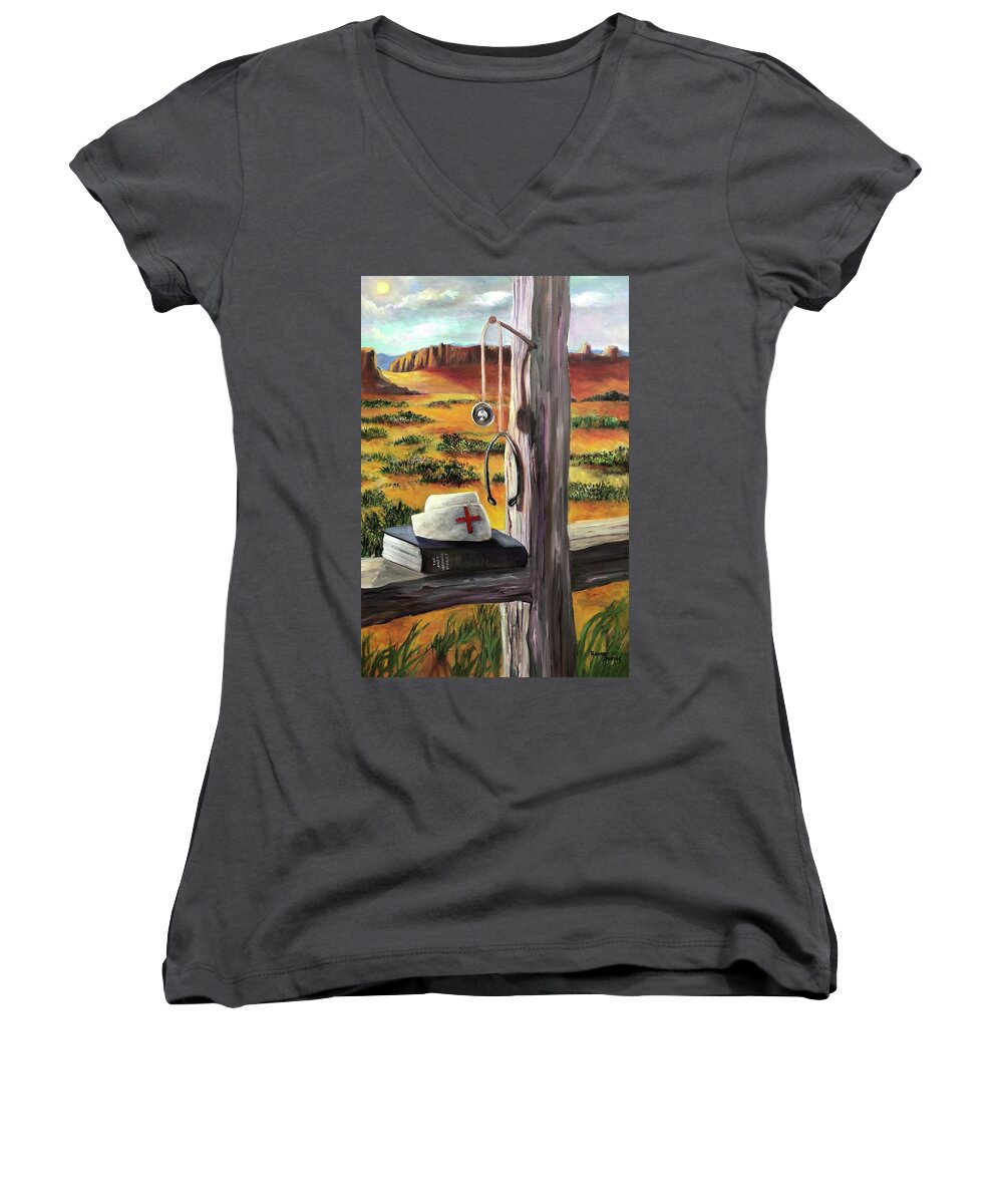Arizona Women's V-Neck featuring the painting Arizona The Nurse and Hope by Rand Burns