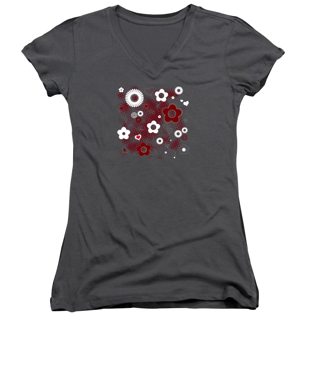 Abstract Women's V-Neck featuring the drawing Floral And Hearts Valentine Pattern by Serena King