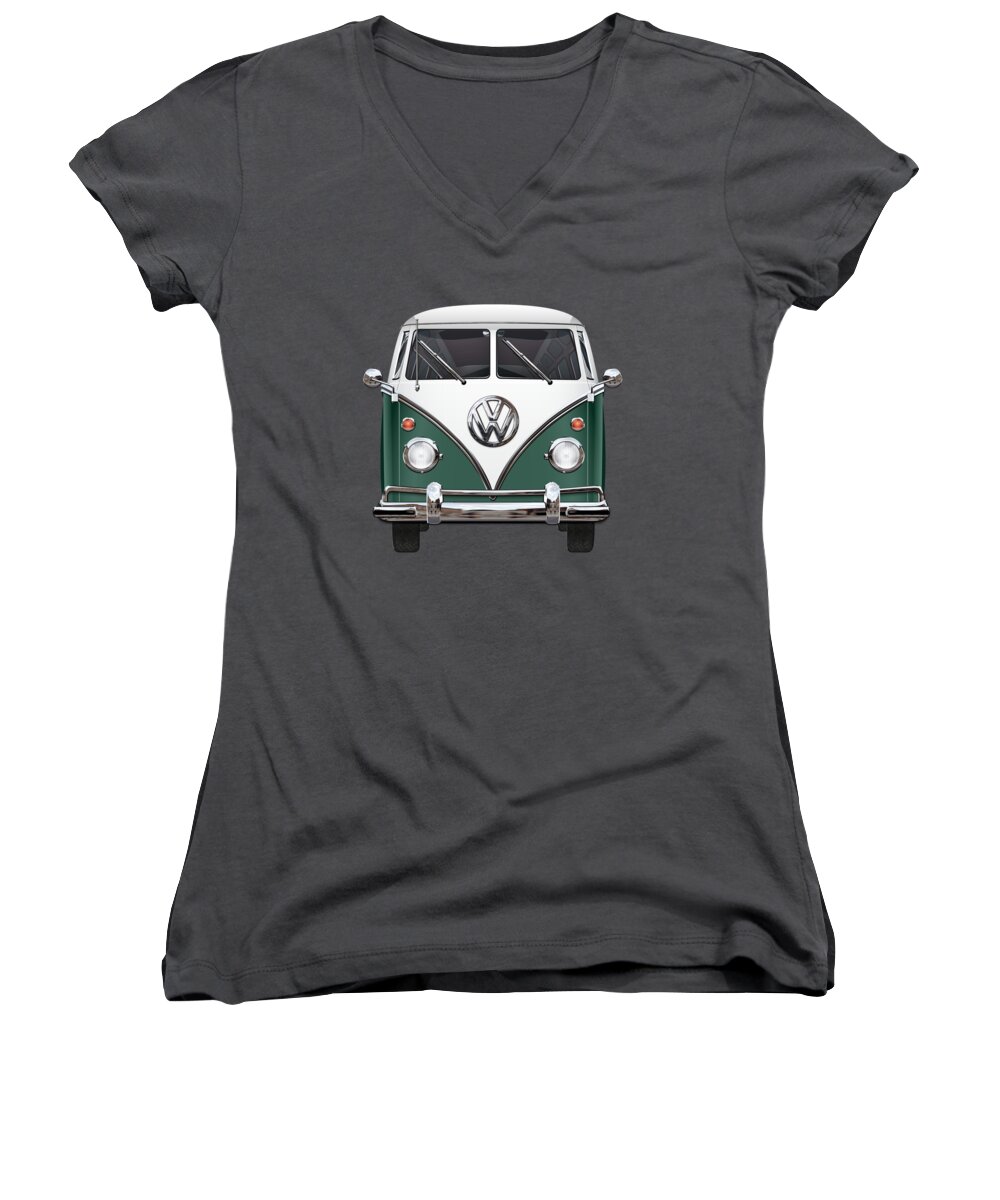 'volkswagen Type 2' Collection By Serge Averbukh Women's V-Neck featuring the photograph Volkswagen Type 2 - Green and White Volkswagen T 1 Samba Bus over Red Canvas #1 by Serge Averbukh