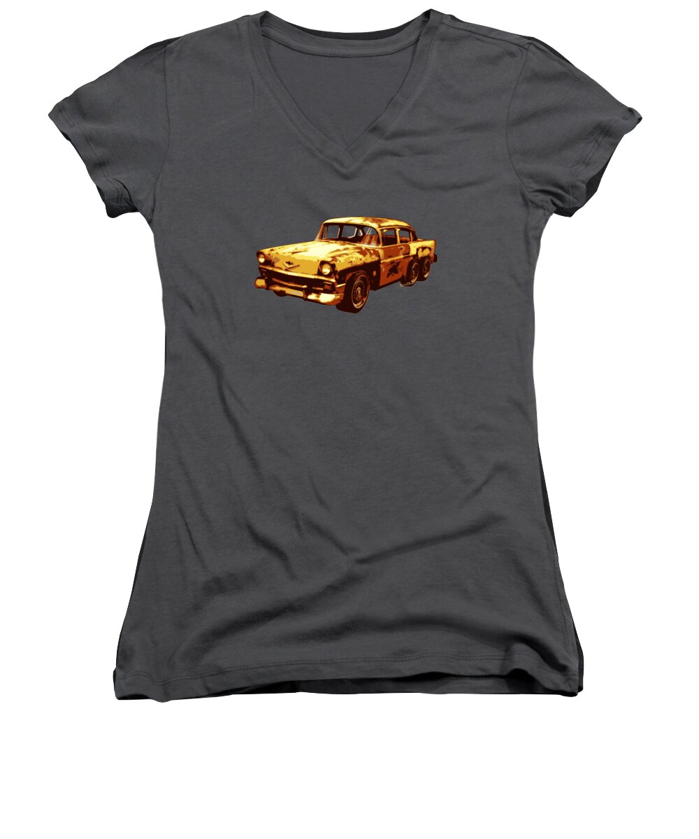 Roadrunner Women's V-Neck featuring the photograph Roadrunner The Snake and The 56 Chevy Rat Rod by Chas Sinklier