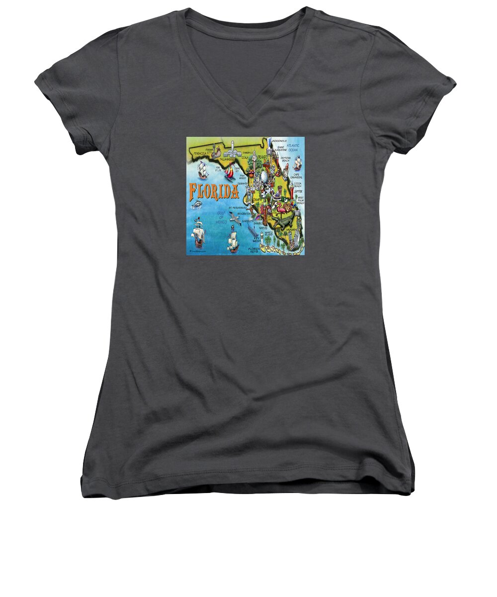 Florida Women's V-Neck featuring the digital art Florida Cartoon Map by Kevin Middleton