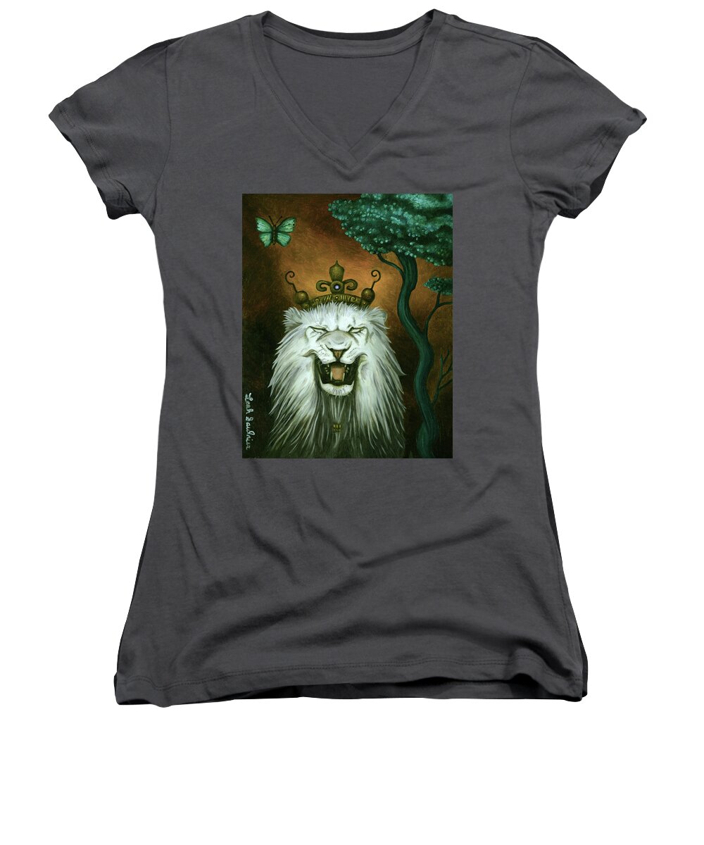 Lion Women's V-Neck featuring the painting As The Lion Laughs by Leah Saulnier The Painting Maniac