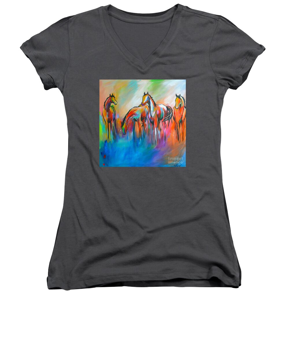 Horse Women's V-Neck featuring the painting At the Pond by Cher Devereaux