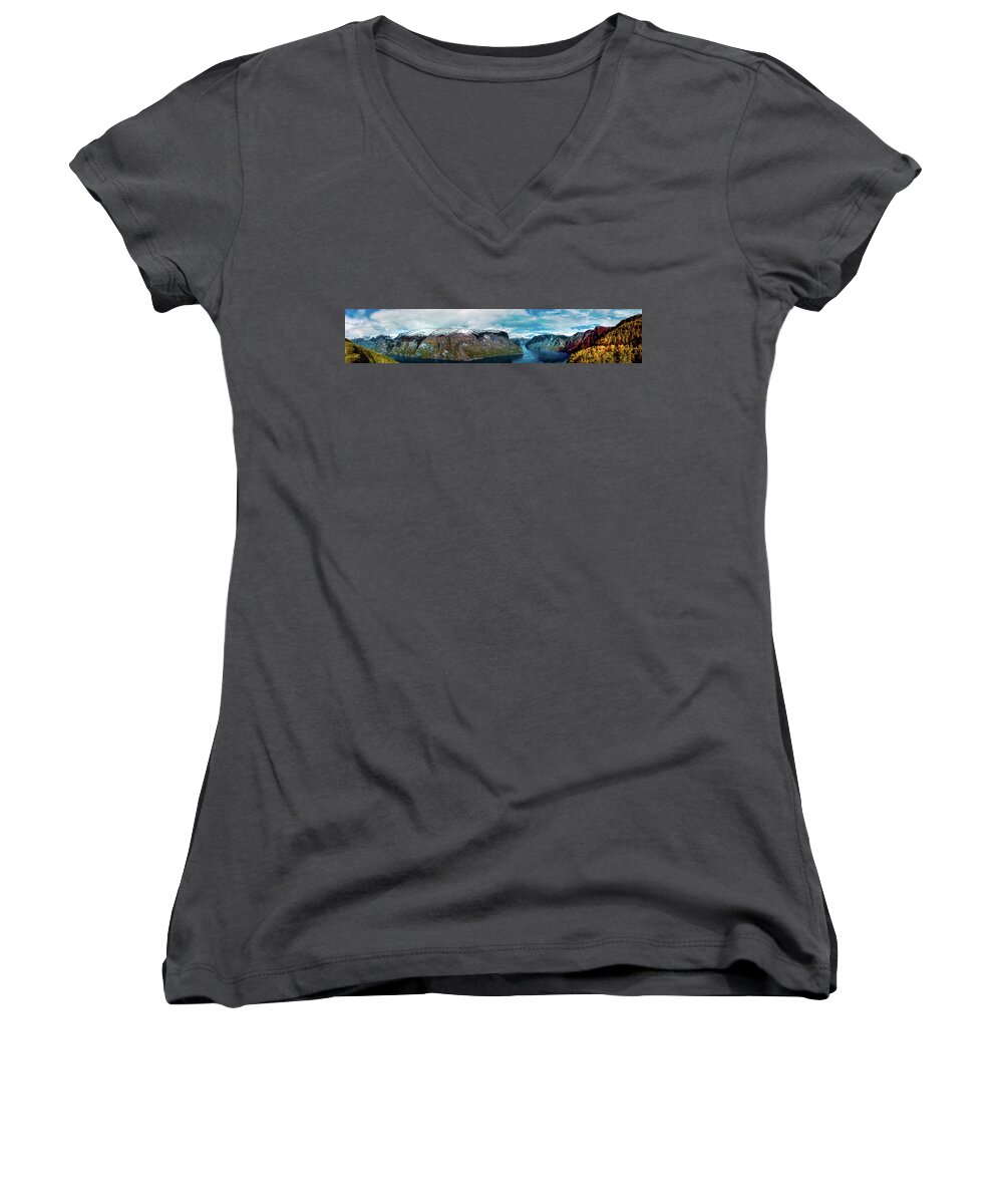 Aurlandsfjorden Women's V-Neck featuring the photograph Aurlandsfjorden Panorama Revisited by Josh Bryant