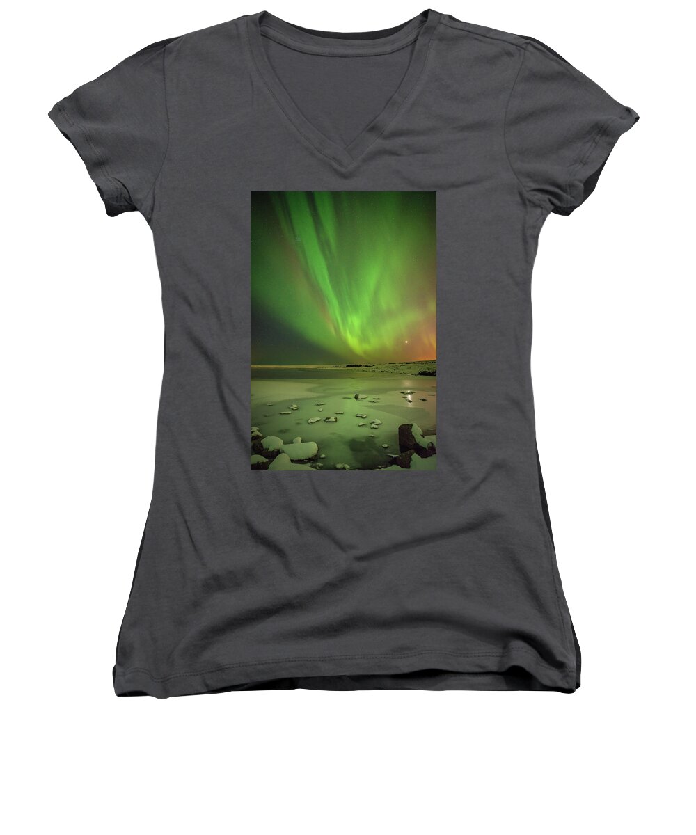 Iceland Women's V-Neck featuring the photograph Aurora Borealis or Northern Lights. by Andy Astbury