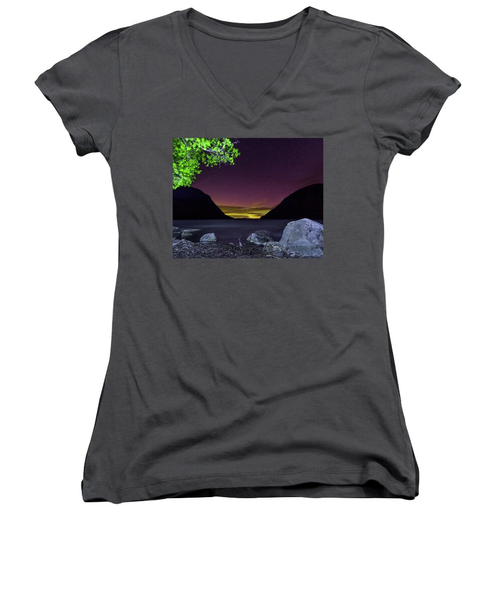 Aurora Women's V-Neck featuring the photograph Aurora Over Lake Willoughby by Tim Kirchoff