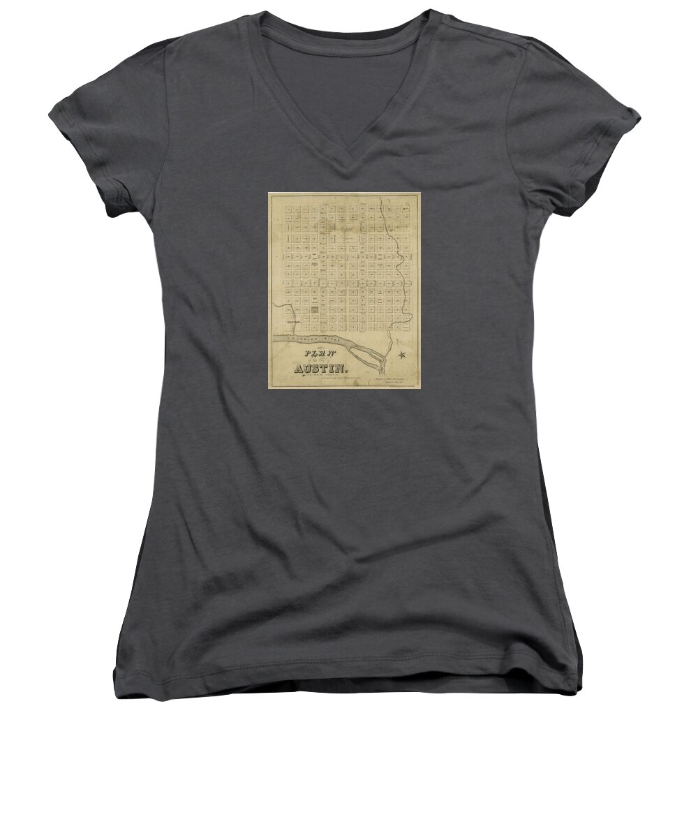 Map Women's V-Neck featuring the digital art Austin 1839 by Texas Map Store