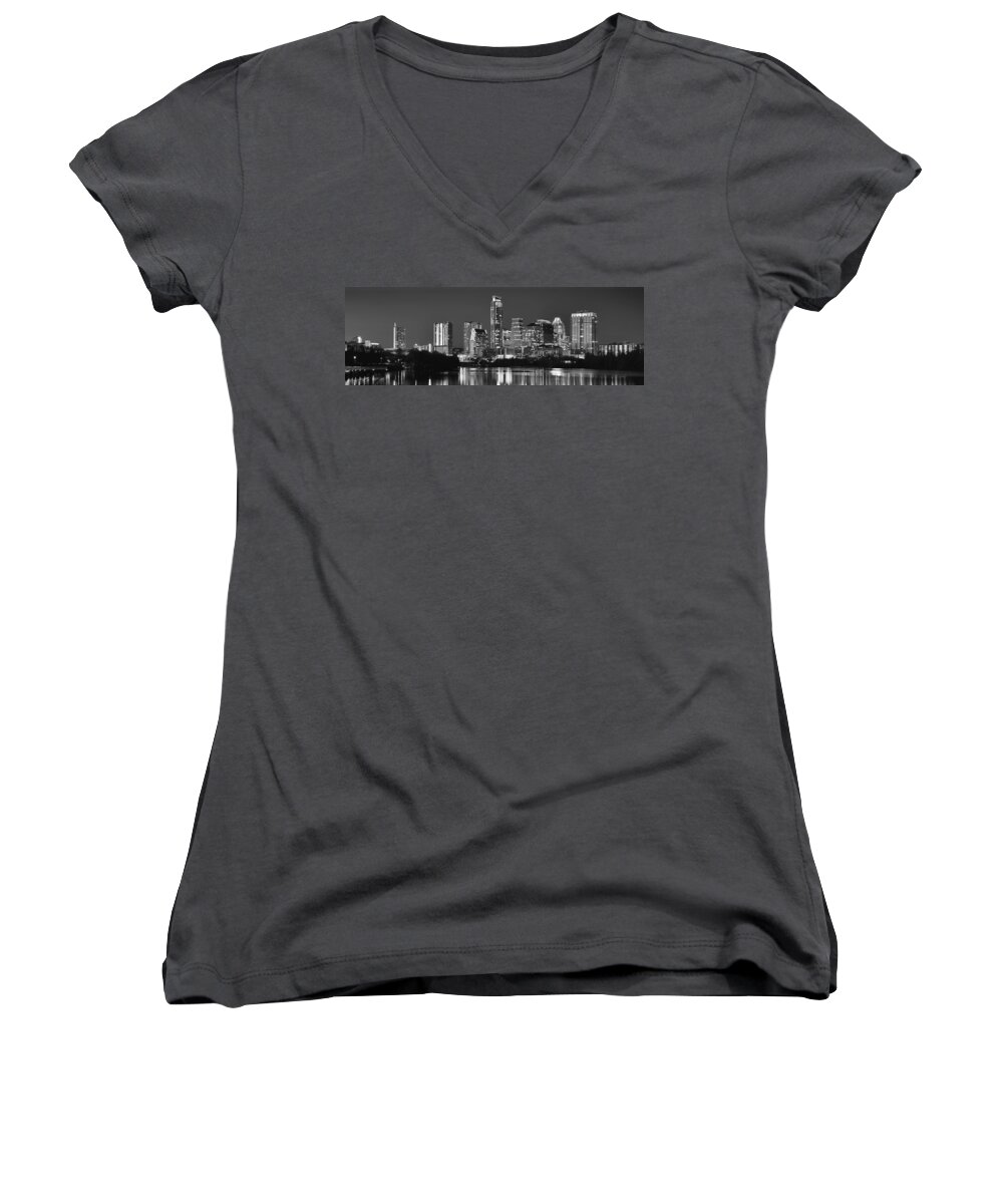 Austin Skyline Women's V-Neck featuring the photograph Austin Skyline at Night Black and White BW Panorama Texas by Jon Holiday