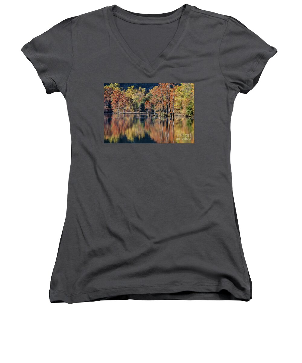 River Women's V-Neck featuring the photograph Autum at the Fork River by Iris Greenwell