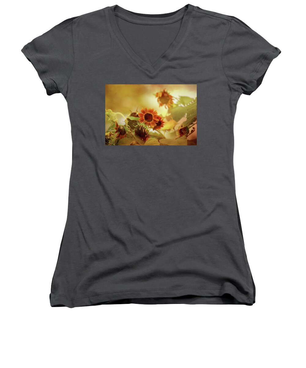 Sunflower Women's V-Neck featuring the photograph Autumn Blessings by Theresa Campbell