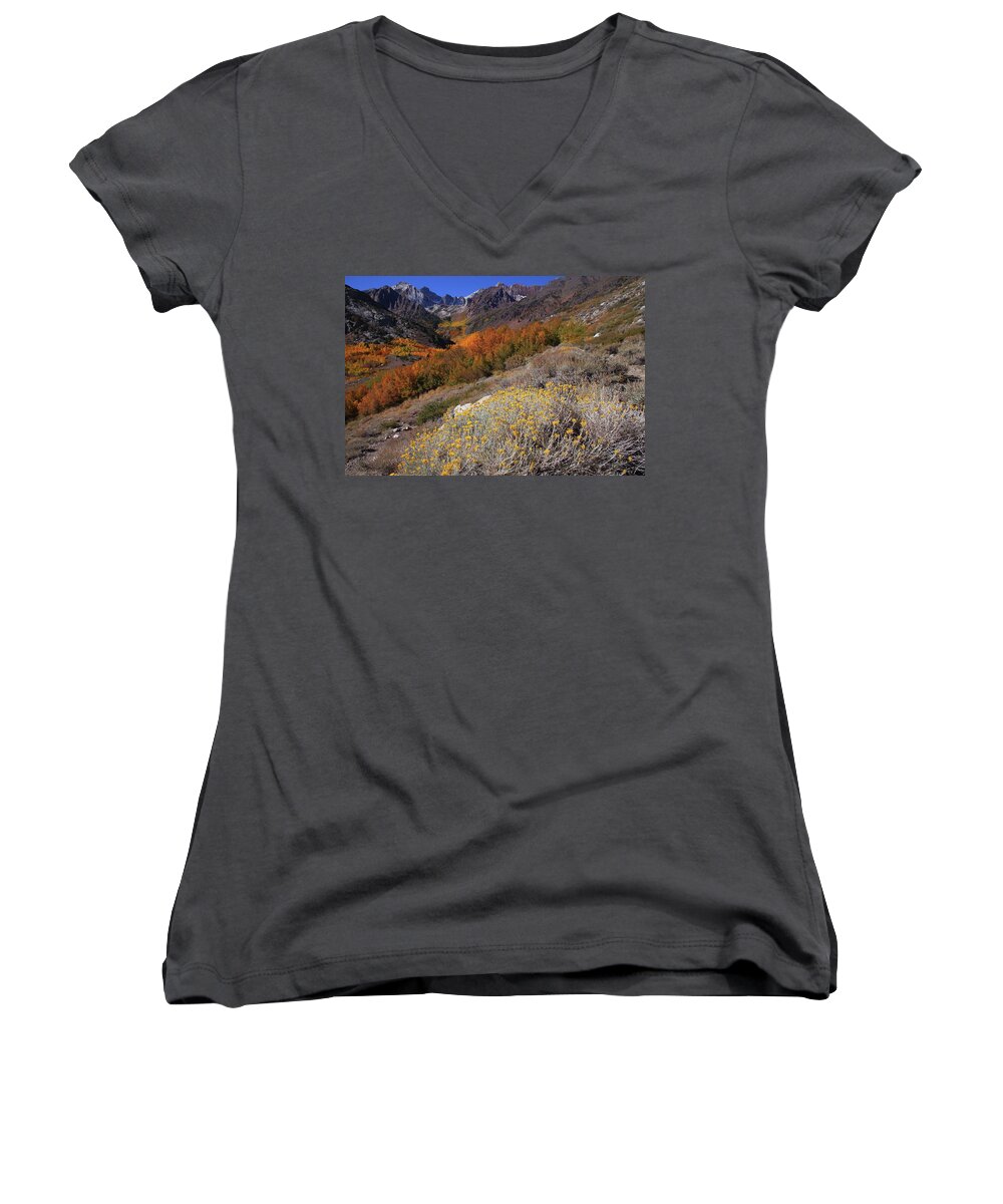 Fall Women's V-Neck featuring the photograph Autumn colors at McGee Creek Canyon in the Eastern Sierras by Jetson Nguyen