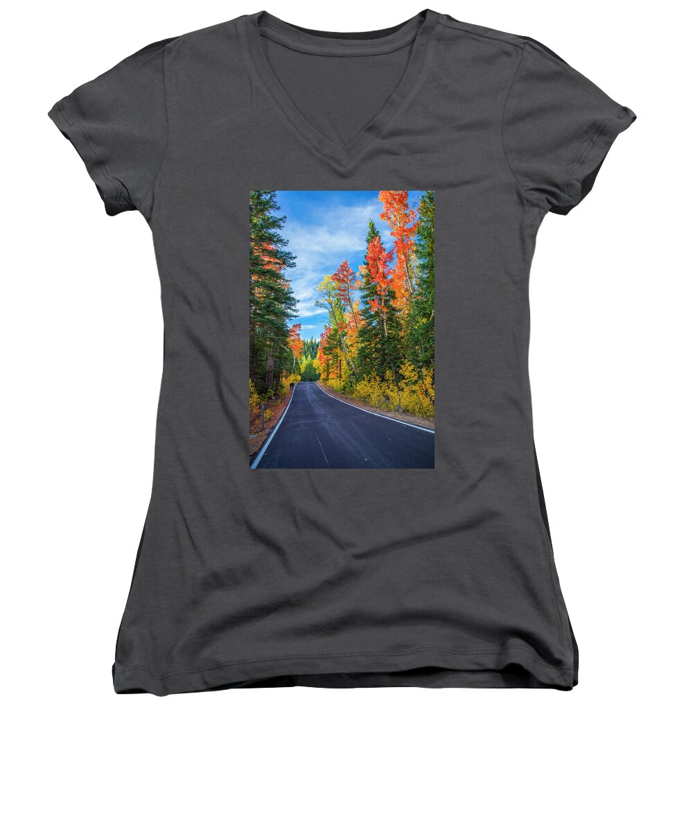 High Sierra Women's V-Neck featuring the photograph Autumn Drive Over Ebbotts Pass by Lynn Bauer