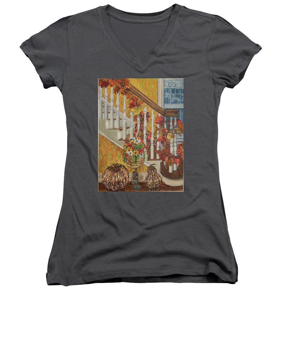 Autumn Women's V-Neck featuring the painting Autumn Hues by Bonnie Siracusa
