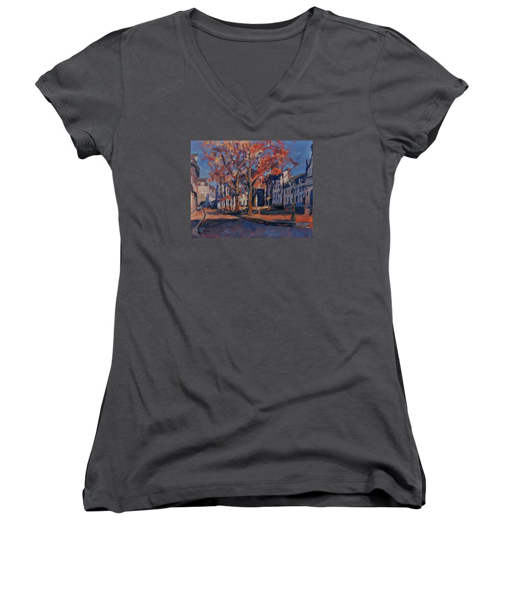 Autumn Women's V-Neck featuring the painting Autumn On The Square Of Our Lady Maastricht by Nop Briex