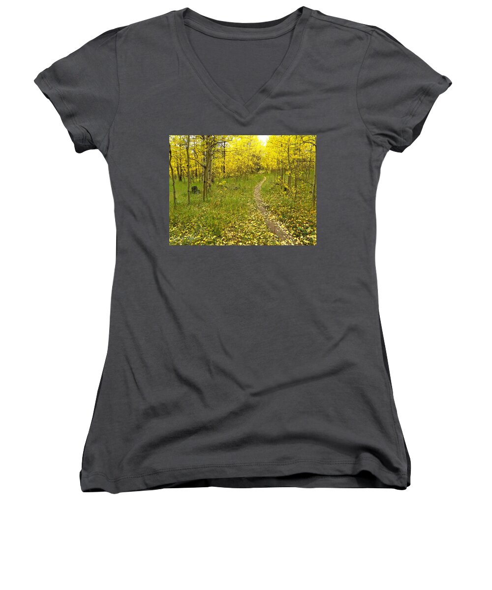 Colorado Rockymountains Autumn Golden Leaves Path Hike Walk Aspen Women's V-Neck featuring the photograph Autumn path by George Tuffy