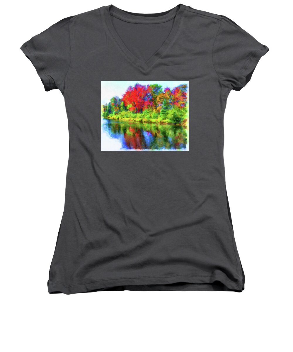 Dorset Ontario Women's V-Neck featuring the digital art Autumn Reflections by Leslie Montgomery